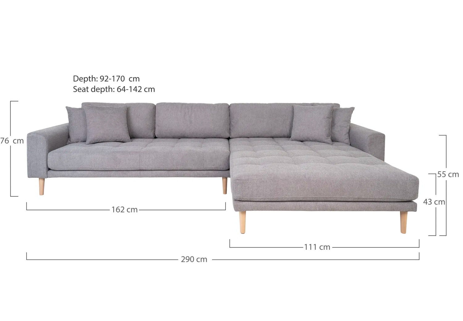 Lido Loungesofa 290x170 cm hellgrau mit Ottomane rechts, 4 Kissen und Holzbeinen natur