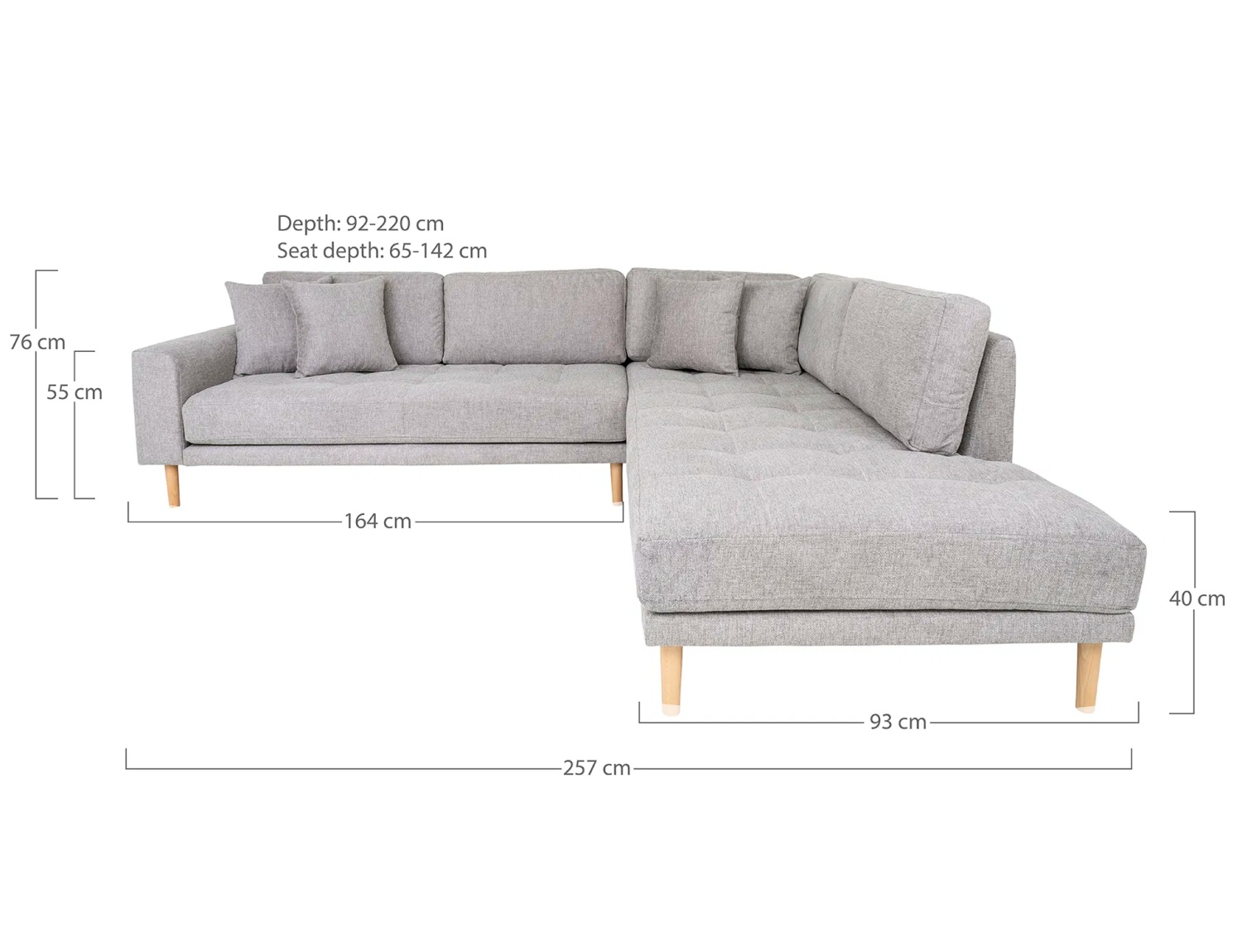 Lido Ecksofa 257x220 cm hellgrau mit Ottomane rechts, 4 Kissen und Holzbeinen natur