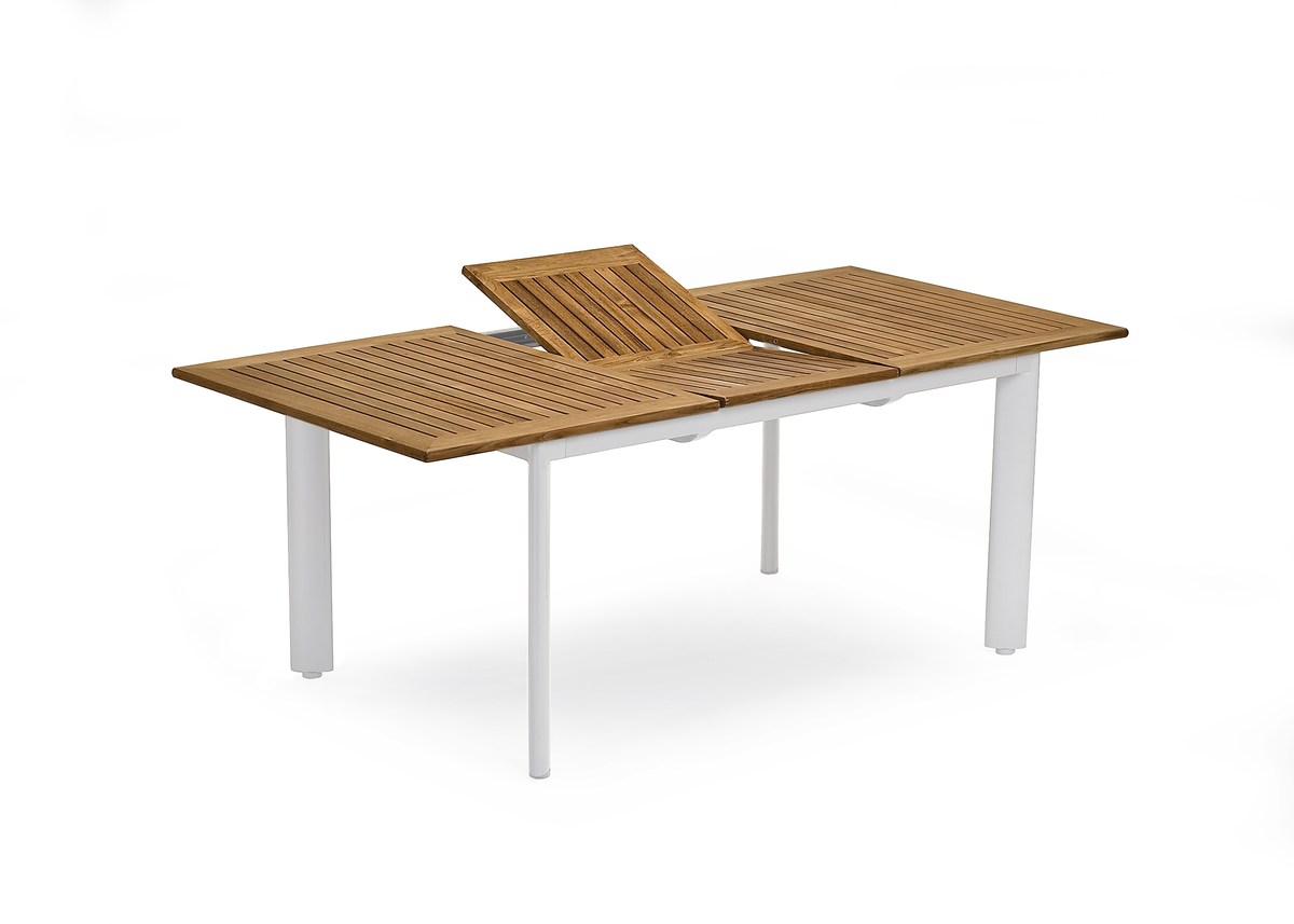 Nydala Teak-Tisch 150/200x96 cm mit Alu-Gestell weiß und Butterfly-Auszug