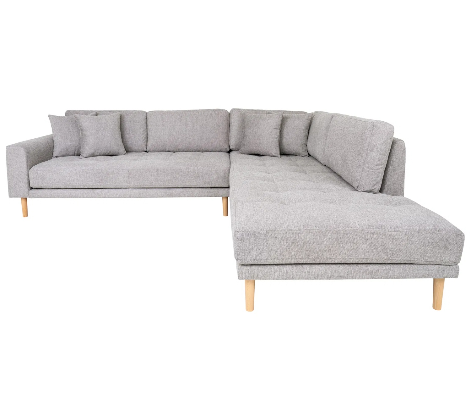 Lido Ecksofa 257x220 cm hellgrau mit Ottomane rechts, 4 Kissen und Holzbeinen natur