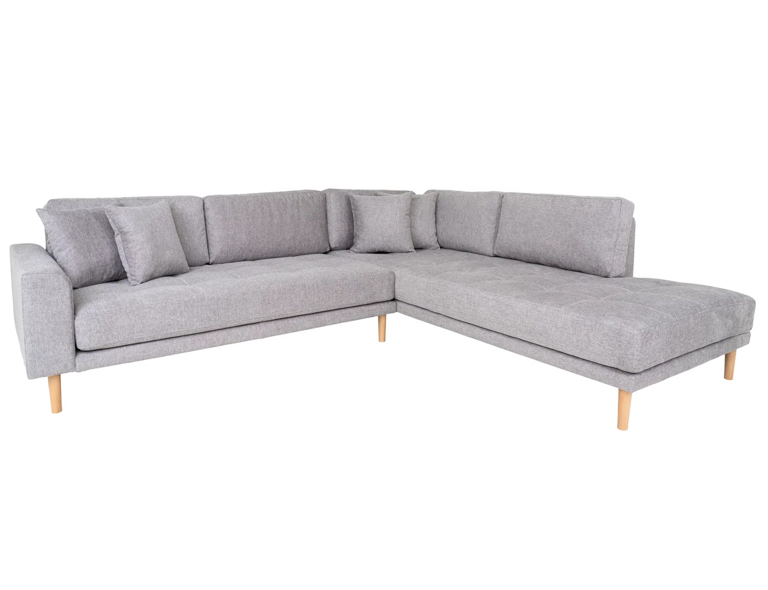 Lido Ecksofa 257x220 cm hellgrau mit Ottomane rechts, 4 Kissen und Holzbeinen natur