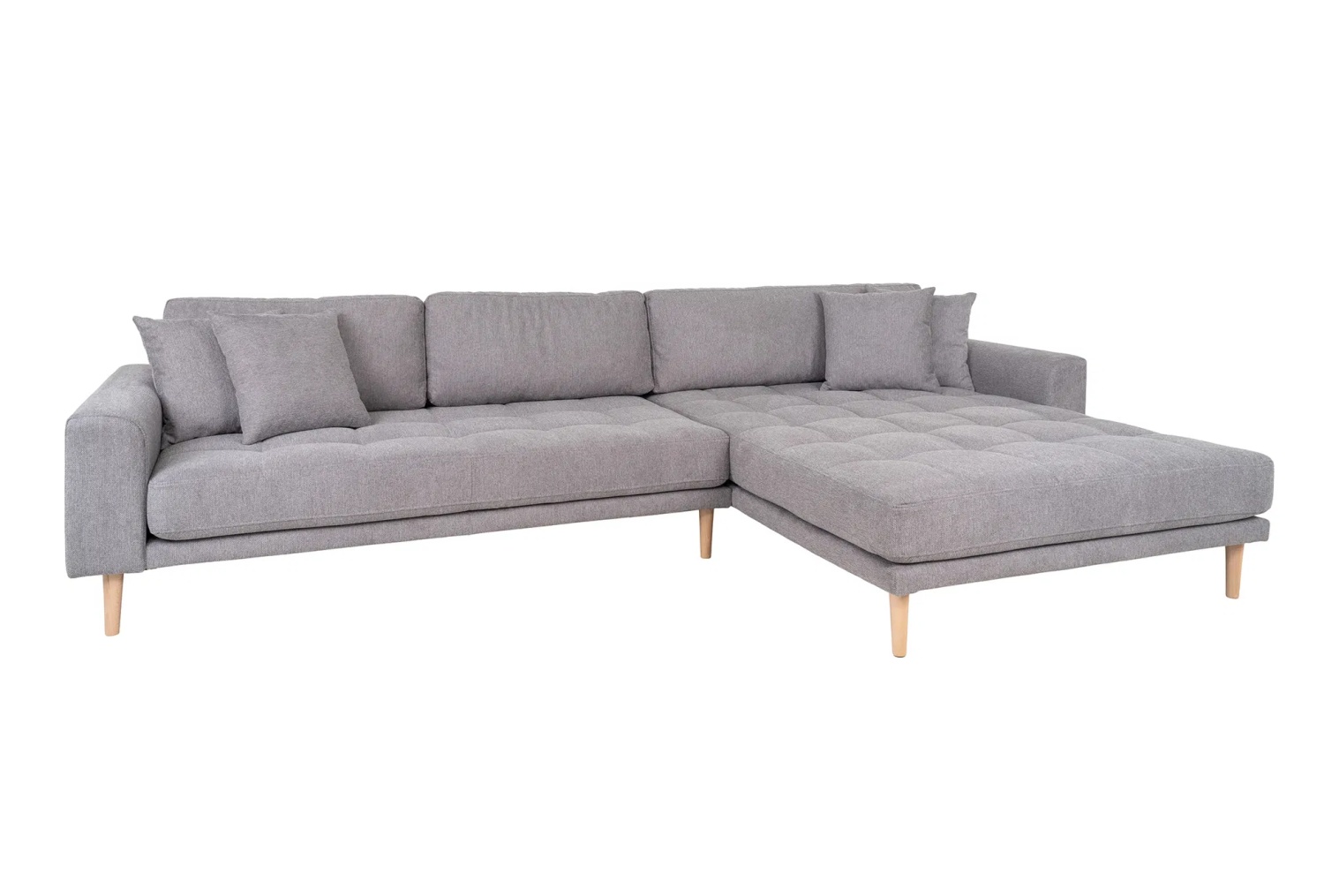 Lido Loungesofa 290x170 cm hellgrau mit Ottomane rechts, 4 Kissen und Holzbeinen natur