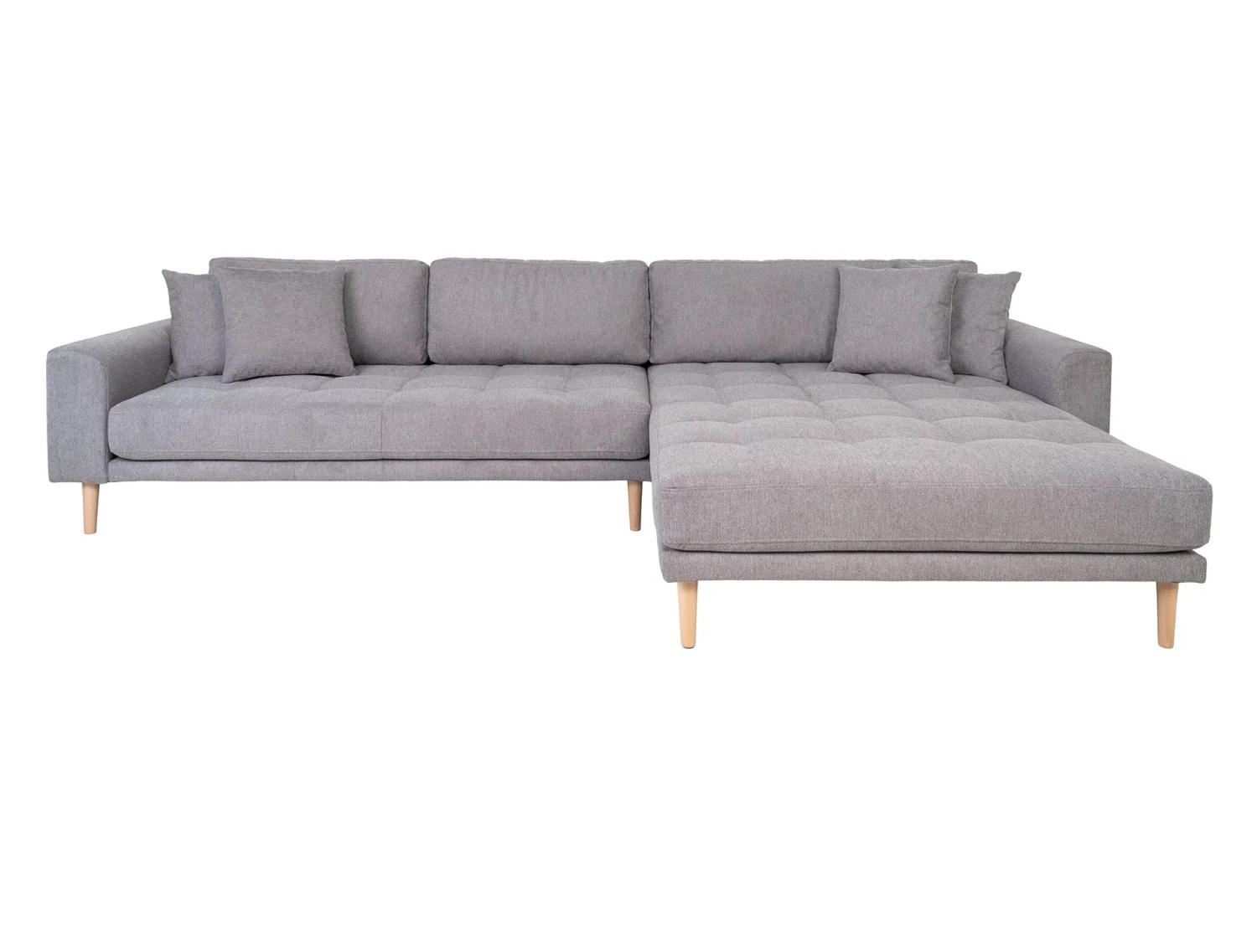 Lido Loungesofa 290x170 cm hellgrau mit Ottomane rechts, 4 Kissen und Holzbeinen natur