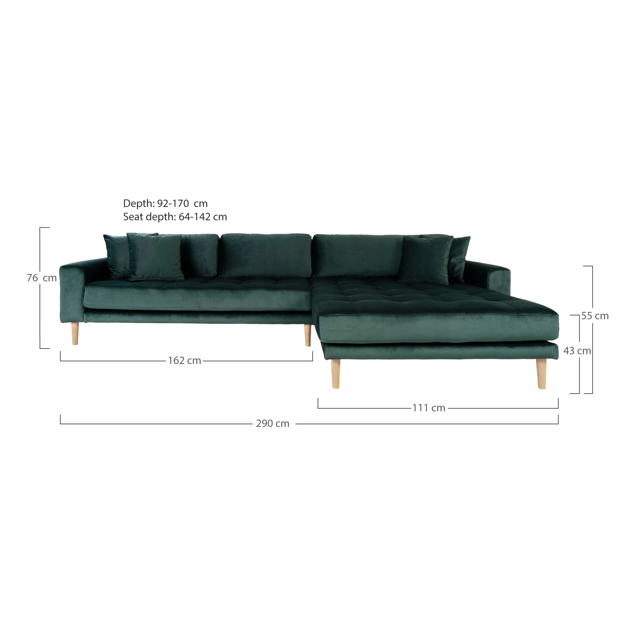 Lido Samt-Loungesofa 290x170 cm dunkelgrün mit Ottomane rechts, 4 Kissen und Holzbeinen natur